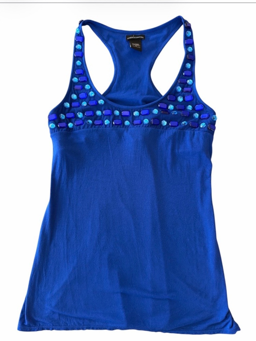 Moda International VS Blue Rhinestone Racerback Tank M Built In Shelf Bra Y2K